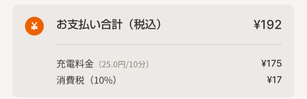 9/12 カンモビチャージの料金画面（普通充電6kW・料金192円）