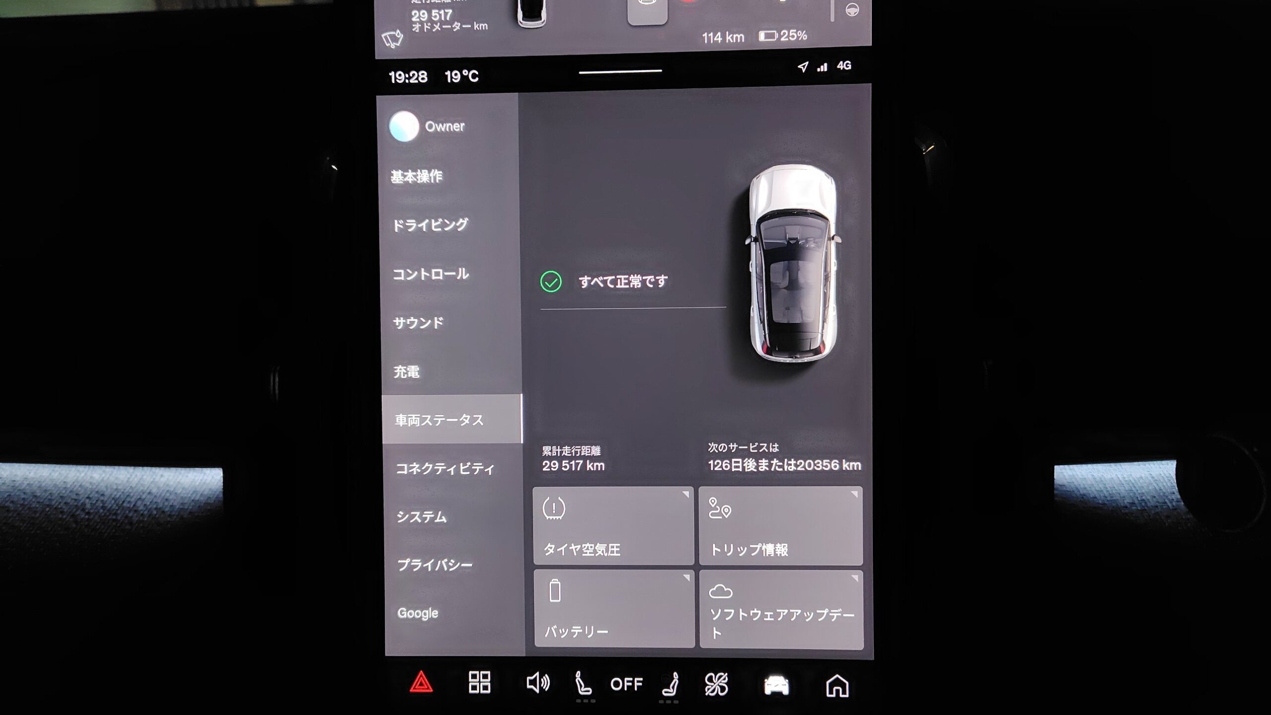 EX30の車両ステータス画面(累計走行距離29,517km)